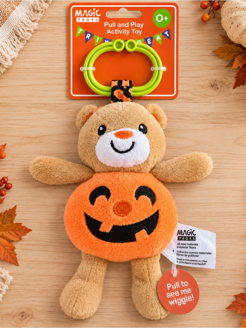 Magic Years Halloween Pumpkin Teddy Bear Pull & Play Baby Rattle Toy